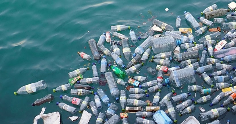 Empty plastic bottles float in blue water.