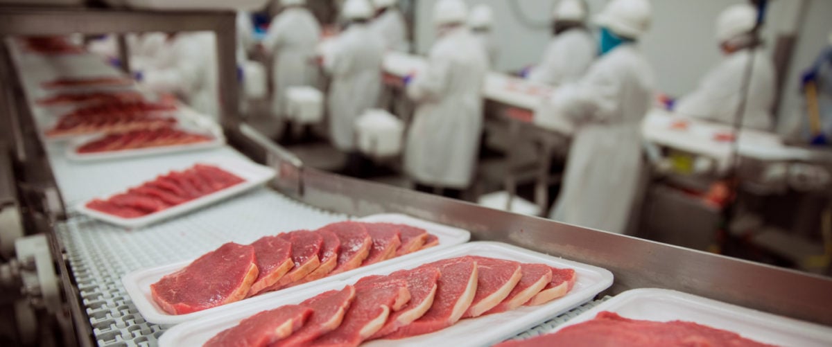 A line of meat cutlets in packing runs past workers in a meatpacking plant like those of corporate giant Smithfield.