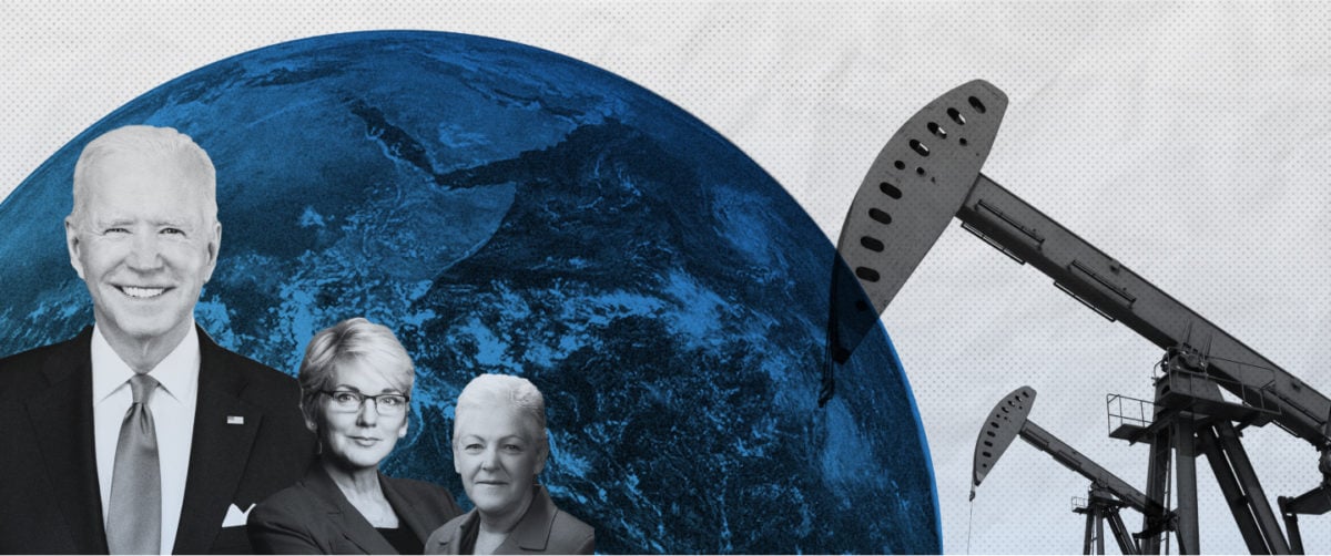 President Biden and members of his cabinet set against a collage backdrop in blue and black and white, depicting planet earth and oil well machinery.