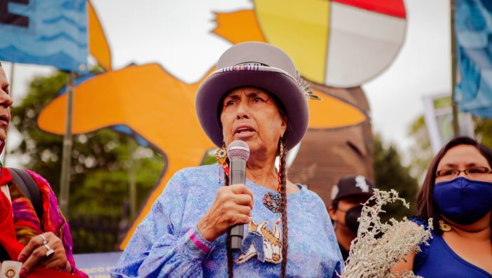 Casey Camp Horineck, Councilwoman and Hereditary Drumkeeper of the Women's Scalp Dance Society, of the Ponca Nation of Oklahoma, speaks at the People Vs. Fossil Fuels mobilization.