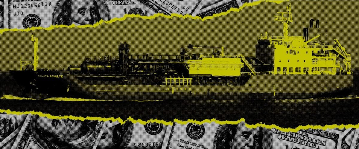 A collage of dollar bills is ripped through the middle, showing a photo of a fracked gas export ship.