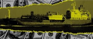 A collage of dollar bills is ripped through the middle, showing a photo of a fracked gas export ship.