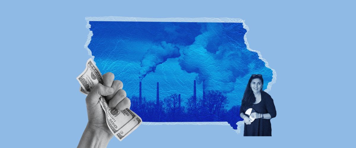 An image of Dr. Secchi and a fist clutching cash bills before a photo of smokestacks in the shape of the state of Iowa.