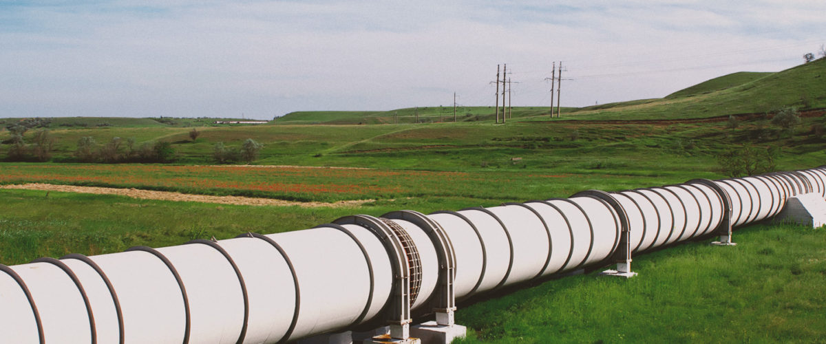 A white pipeline lays on a field of green.