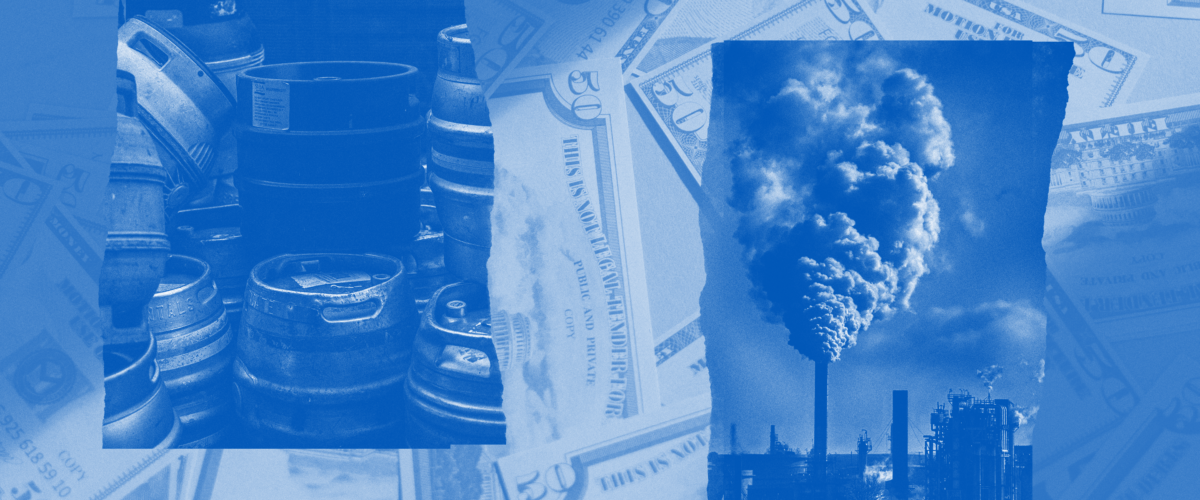 A photo of carbon dioxide canisters and a photo of smoke stacks, in front of a photo of a pile of money.