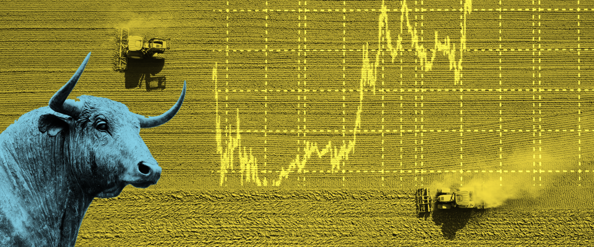 A bull stands in front of an aerial view of two tractors on a field. A stock market graph is seared onto the field.