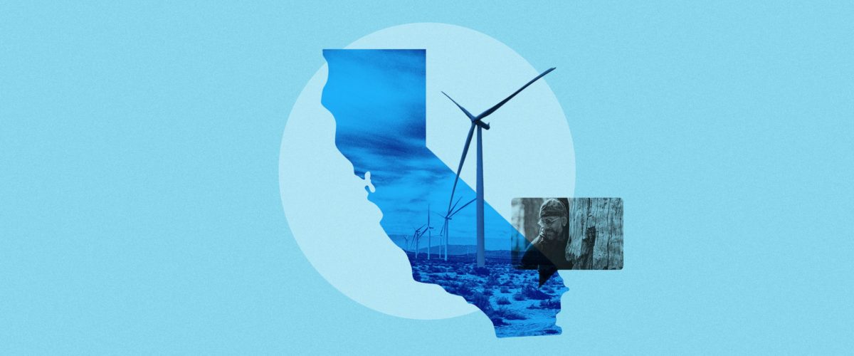 A silhouette of the state of California sits beside a wind turbine and a photo of our California director, Chirag Bhakta.