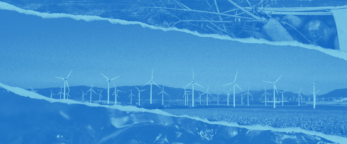A blue duotone image of wind turbines with the title You Have The Power To Protect Our Planet!