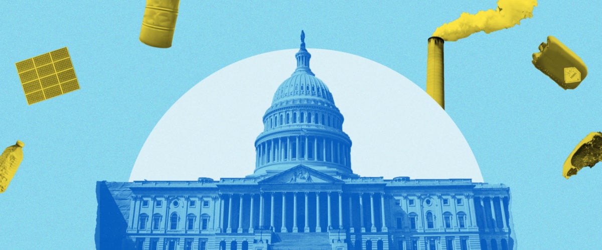 A photo of the U.S. Capitol building surrounded, from left to right: a plastic water bottle, a solar panel, an oil drum, a smoke stack, a container labelled "toxic," and a slab of meat.