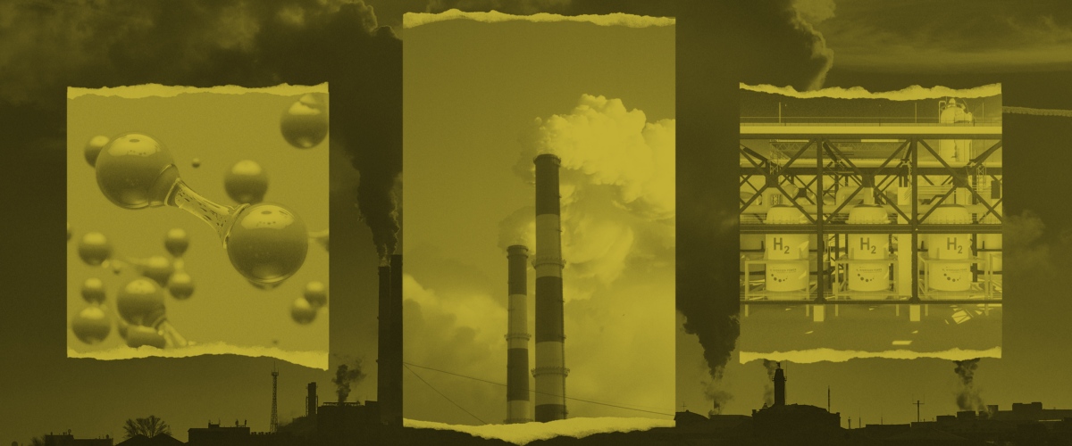 A triptych of hydrogen molecules, smokestacks, and hydrogen storage canisters represent the boondoggles that are hydrogen hubs.
