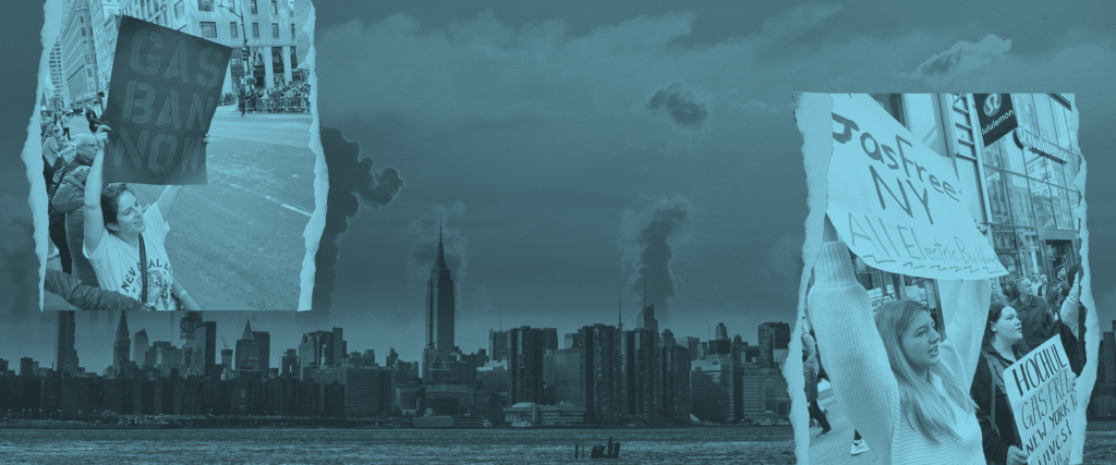 Pictures of activists holding signs calling for a gas ban sit in front of New York's skyline, with plumes of pollution rising from the buildings.