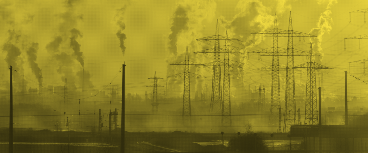 Transmission towers loom over the landscape with plumes of pollution rising into the sky.