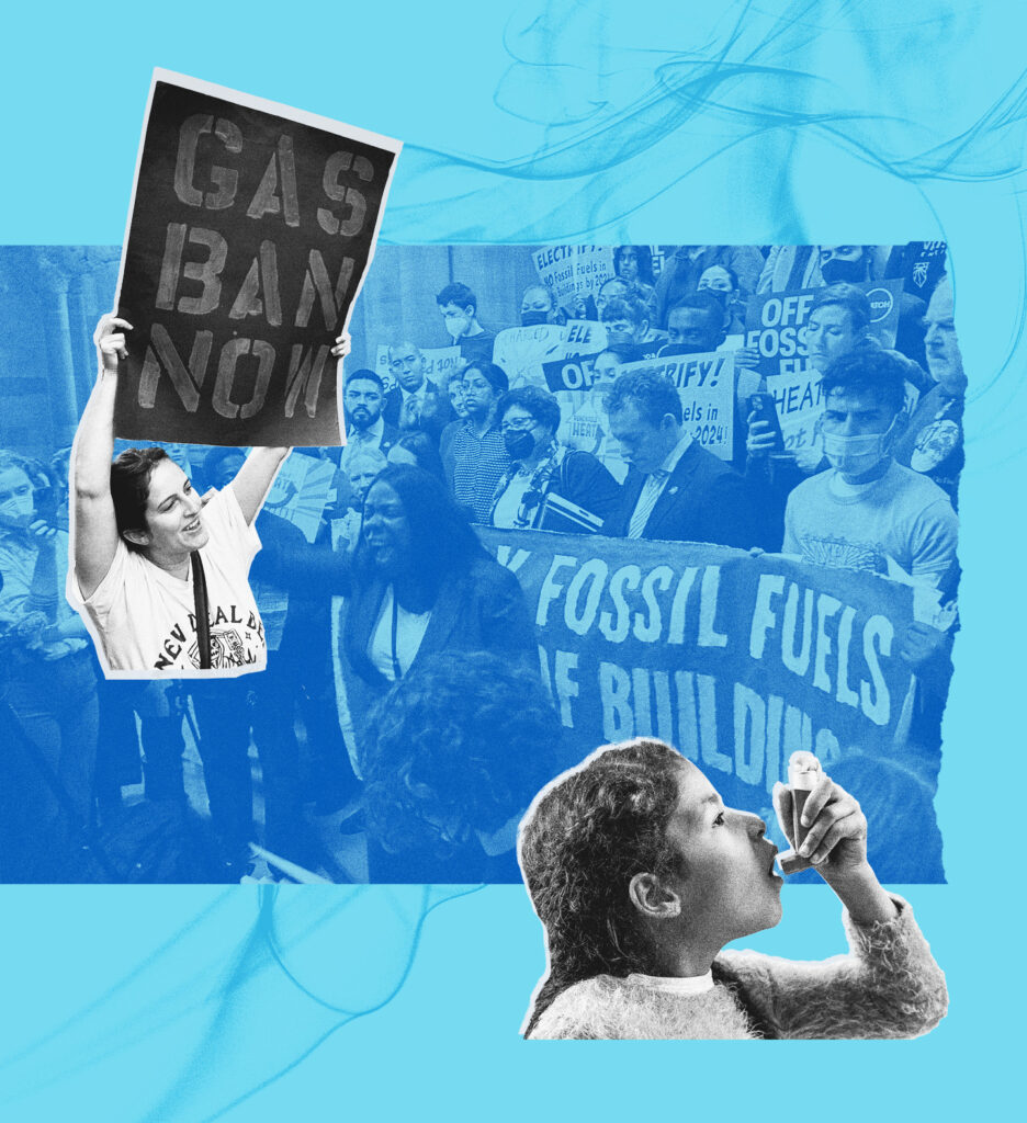 A collage image with a turquoise blue background depicting gas fumes. Overlaid on the background is an image of activists protesting fossil fuels and one black and white image of an activist holding a Gas Ban Now sign. There is also a black and white image of a young girl using an inhaler in the lower right of the frame. 