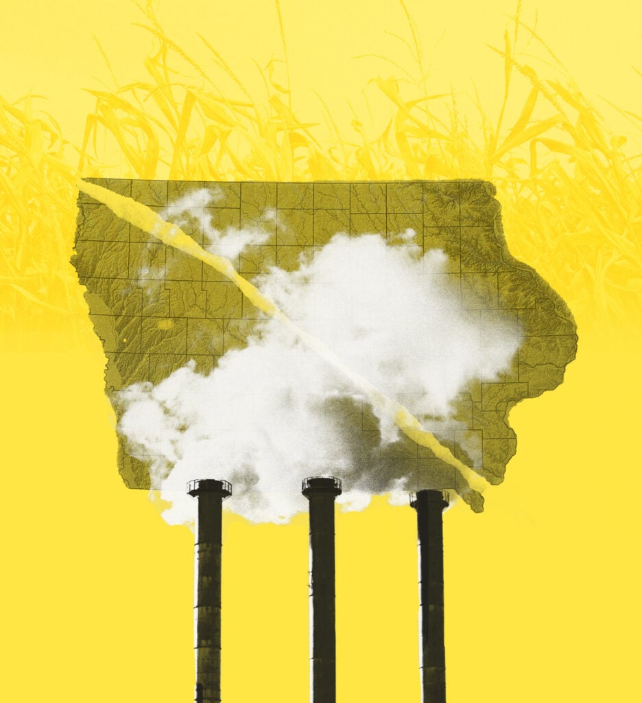 A yellow background collage image with a faint impression of grain crops. A gray and yellow map of Iowa is overlaid with a diagonal rip running through it, and black and white smoke stacks and smoke in the foreground.