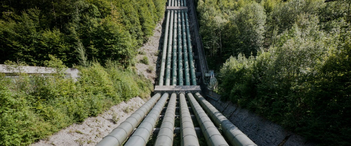 Pipes cut through a green forest