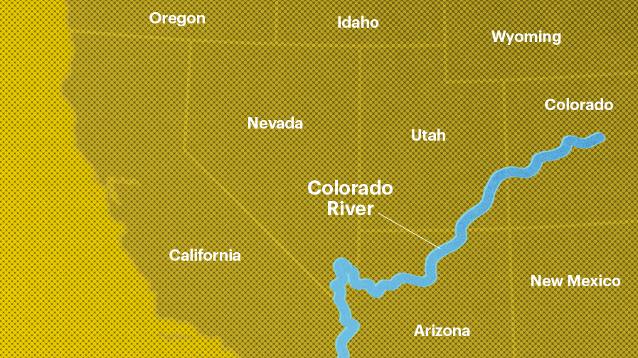 A map of the Colorado River basin shows the river flowing (North to South, East to West) through Colorado, Utah, Arizona, Nevada, and California.