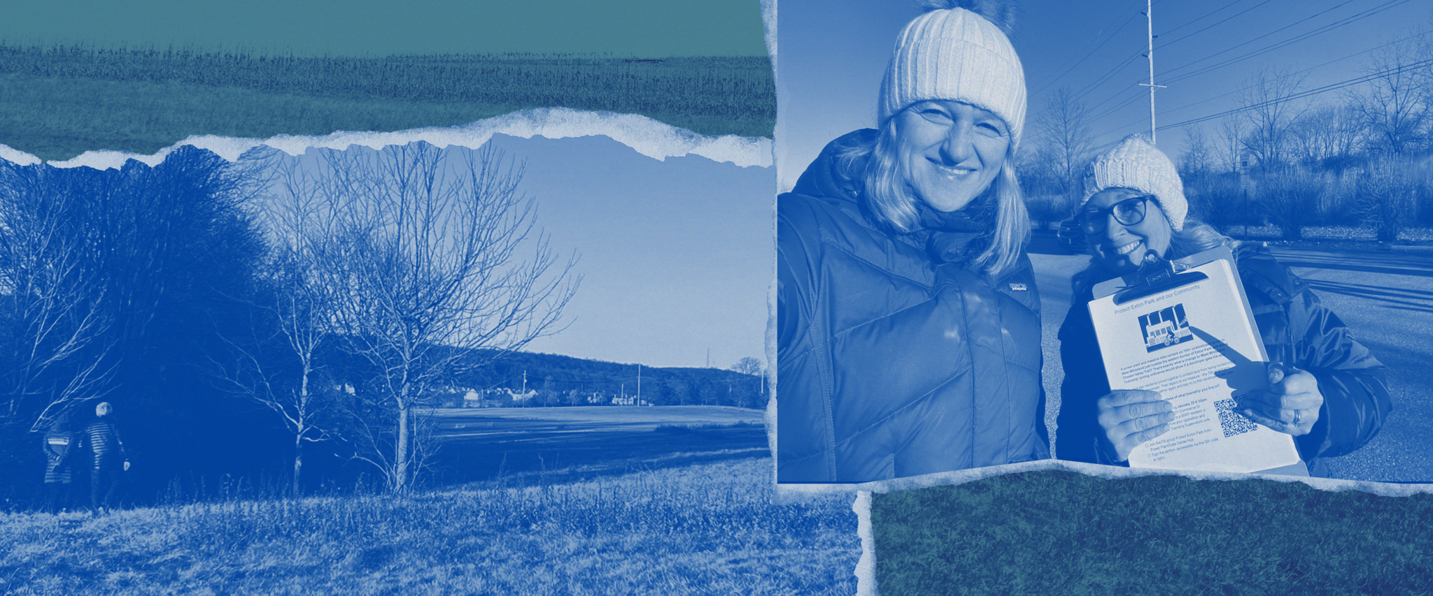 To the left: the landscape of Exton Park. To the right: two organizers stand together in winter gear, smiling while holding up a clipboard.