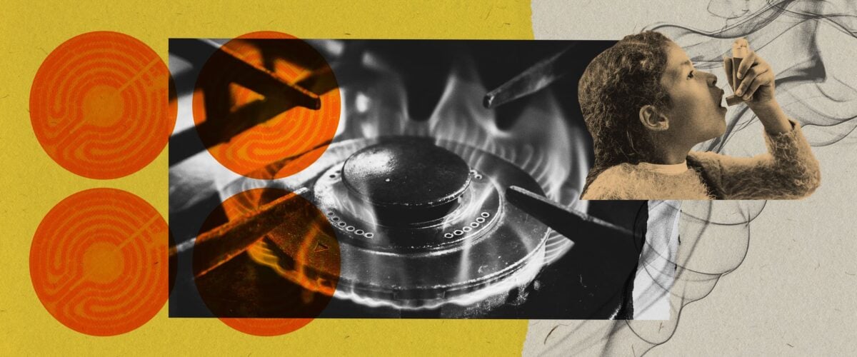 A collage of a gas-powered cooktop, a gas flame, a plume of smoke, and a child taking their inhaler.