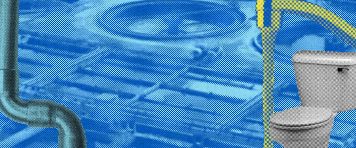 A stylized collage featuring a network of pipes, wastewater treatment plant image, and a toilet and faucet.