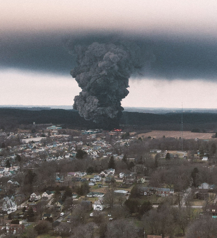 A high-elevation image of the fire and toxic plume emanating from the Norfolk Southern derailment in East Palestine, Ohio. The chemical the train carried was vinyl chloride, a component in plastics production. 