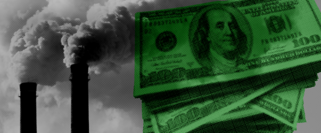 A stack of 100-dollar bills hovers over gray smokestacks.
