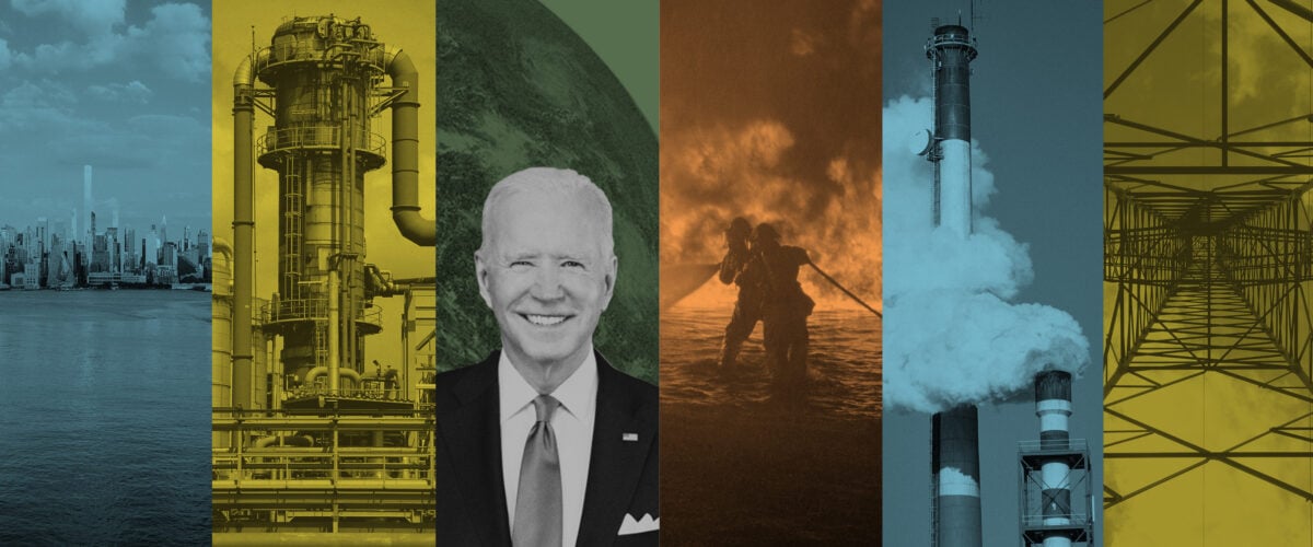 The Hudson river; pipes on an industrial plant; President Biden; a firefighter in front of a blaze; smoke rising from a smokestack; and an electricity transmission tower.