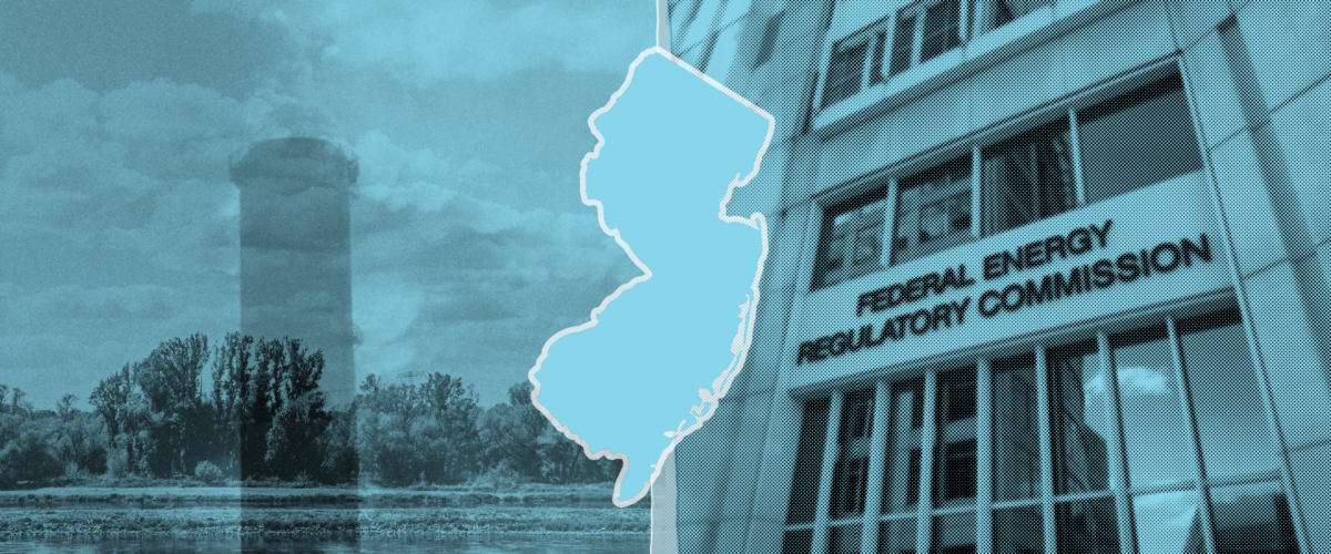 A photo of a riverbank with a smokestack rising in front of it; a silhouette of New Jersey; the front doors of the Federal Energy Regulatory Commission