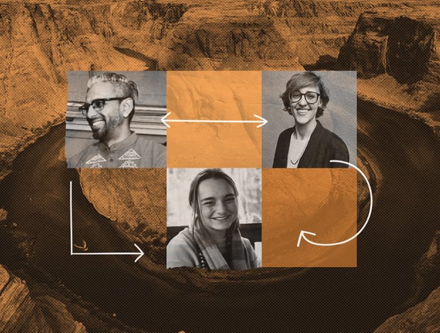 Photos of Chirag Bhakta, Kat Ruane, and Alexa Moore in front of a photo of the drained Colorado River