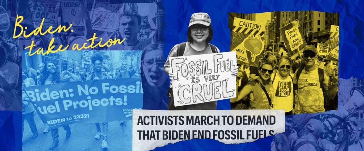A collage of activists holding signs at the March to End Fossil Fuels, with the headline "activists march to demand that Biden end fossil fuels."