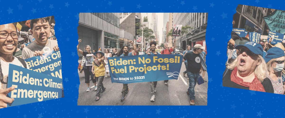 Crowds of protestors march holding signs reading: "Biden: Climate Emergency NOW!" and "Biden: No Fossil Fuel Projects!"