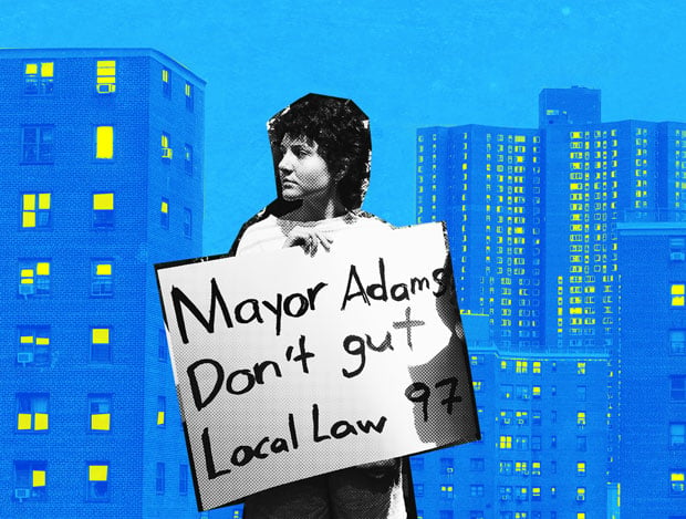 A person holding a sign that reads "Mayor Adams Don't Gut Local Law 97" stands in front of a skyline of skyscrapers.