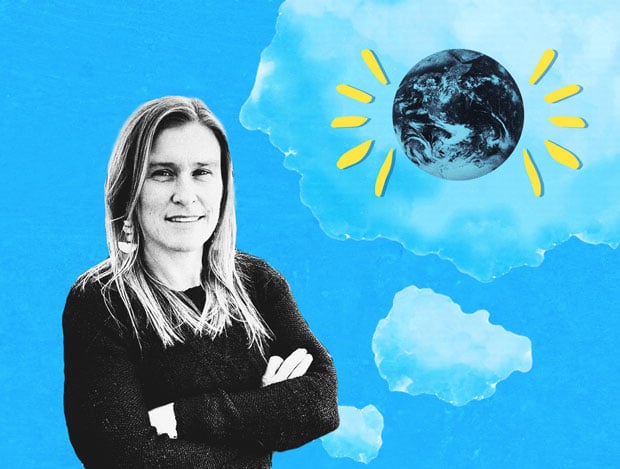 Sarah Ray, author of "A Field Guide to Climate Anxiety," stands smiling, with her arms folded in front of a blue thought bubble with a photo of planet Earth inside.