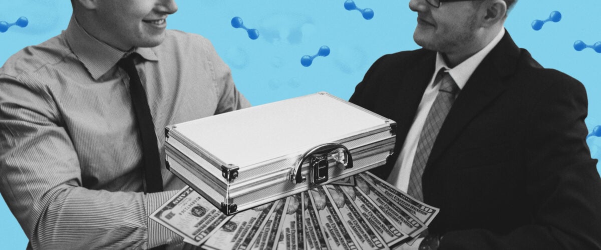 Two men in suits smile over a briefcase and cash while PFAS molecules hover in the background; a representation of lobbyists swaying lawmakers on PFAS.