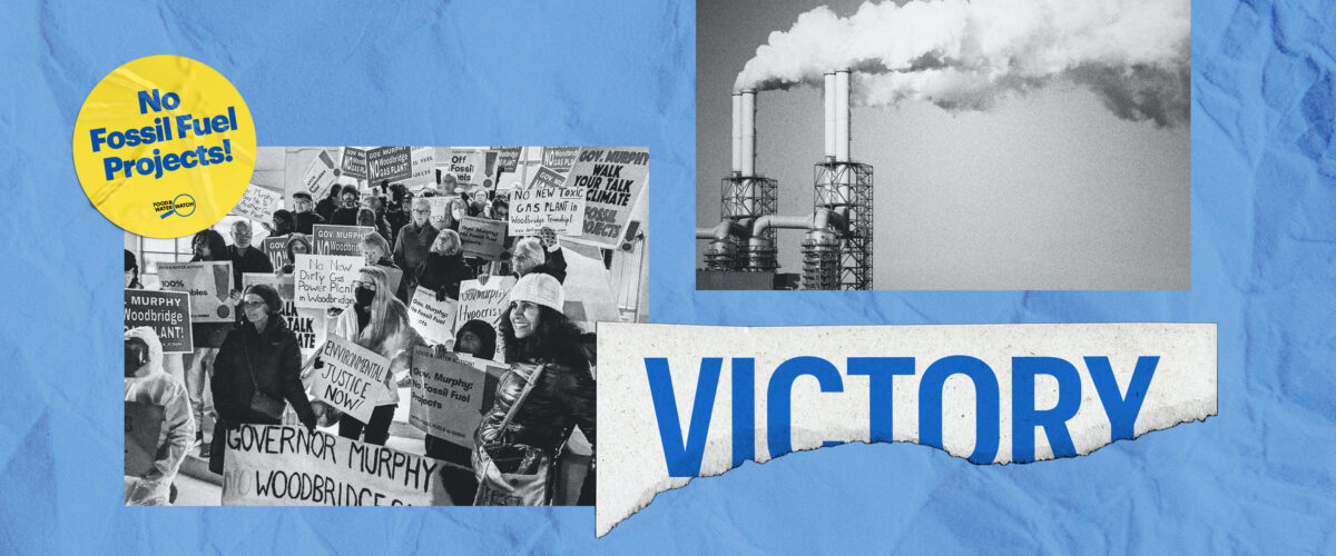 To the left, a crowd of Food & Water Watch members and allies in Woodbridge hold signs calling on Governor Murphy to oppose CPV's proposed plant. To the right, two smoke stacks rise into the sky spewing silver smoke.