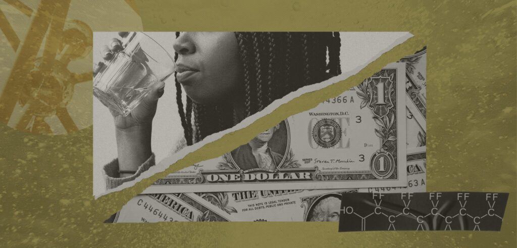A collage image with a muted yellow background features a partial image of a black woman drinking a glass of water and snapshots of dollar bills.