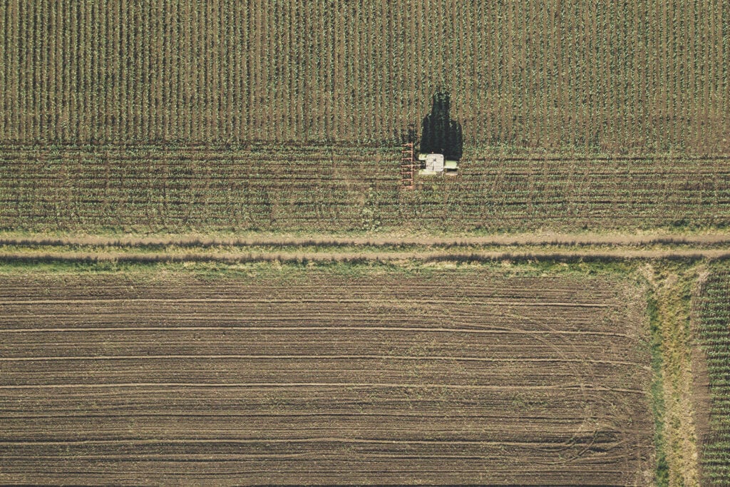 An aerial view of a tractor cultivating a corn field.