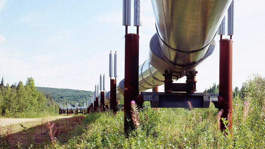 A shiny chrome pipe supported by red beams travels through a green grassy field.