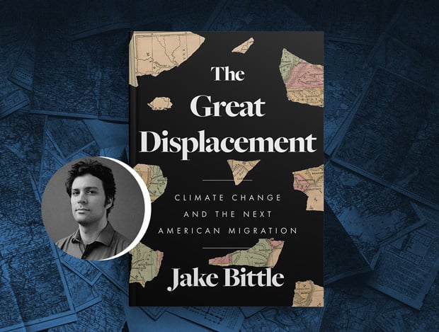 A photo of Bittle with a cover of his book, "The Great Displacement," which pictures broken fragments of a map of the United States, representing the effect of climate migration on the country.