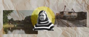 A photo of Hilary Flint in a striped sweater between a photo of train tracks running over water in East Palestine and a photo of the burnt husk of the train tanker car that was burned after the derailment.