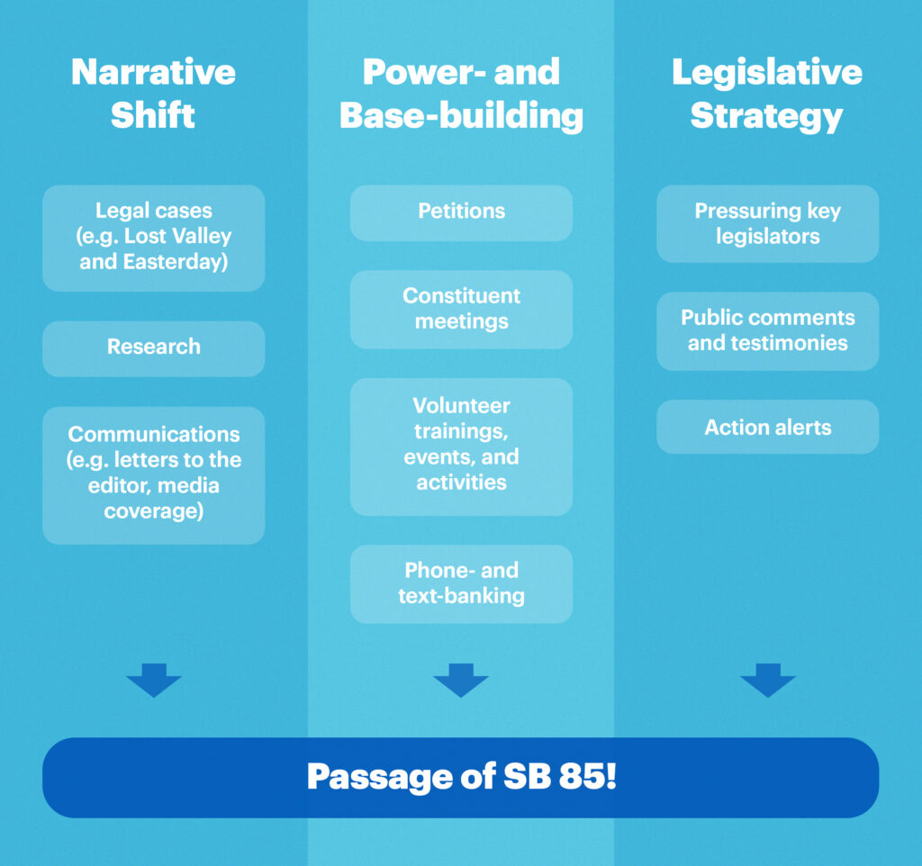 A flowchart showing how narrative shift (including our legal cases, our research, and our communication), our power- and base-building (including petitions, constitutne meetings, volunteer activities, and phone-banking), and our legislative strategy (pressuring legislators, public comments, and action alerts) led to the passage of SB 85.