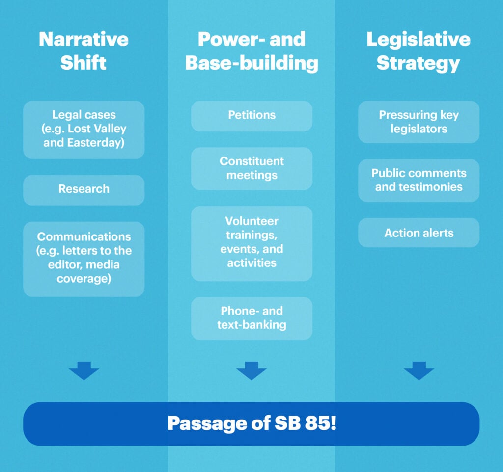 A flowchart showing how narrative shift (including our legal cases, our research, and our communication), our power- and base-building (including petitions, constitutne meetings, volunteer activities, and phone-banking), and our legislative strategy (pressuring legislators, public comments, and action alerts) led to the passage of SB 85.