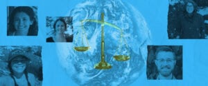 Meet FWW Lawyers! A golden set of scales in front of a photo of the planet.