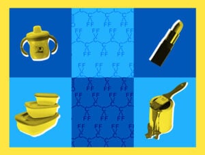 PFAS guide: image with checkered blue background and depictions of sippy cups, plasticware, cosmetics, and paint.