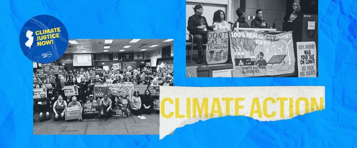 Two photos of the New Jersey Climate Action Gathering with dozens of people posing together, holding signs that say "100% real clean energy for NJ!" "Stop the pipeline!" "Don't Gas the Ironbound!" and more.