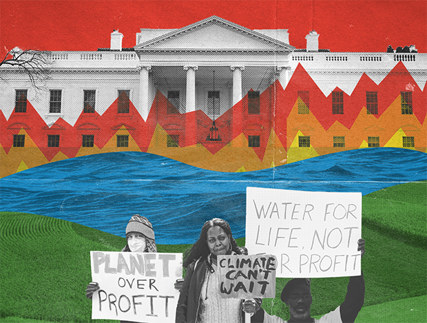In a collage, photos of protestors holding signs that say "Planet over Profit," "Climate can't wait," and "Water for life, not for profit" stand in front of a representation of the White House on fire.