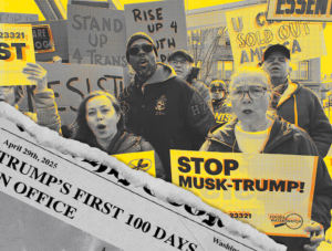 A slip of newspaper says "Trump's First 100 Days in Office." Behind it, people at a rally hold signs that say"Top Musk-Trump."