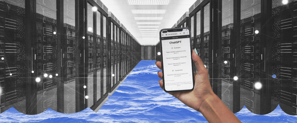 A person holds a phone with ChatGPT on the screen. In the background, rows of data centers (large, shiny black boxes) stand submerged in blue water.