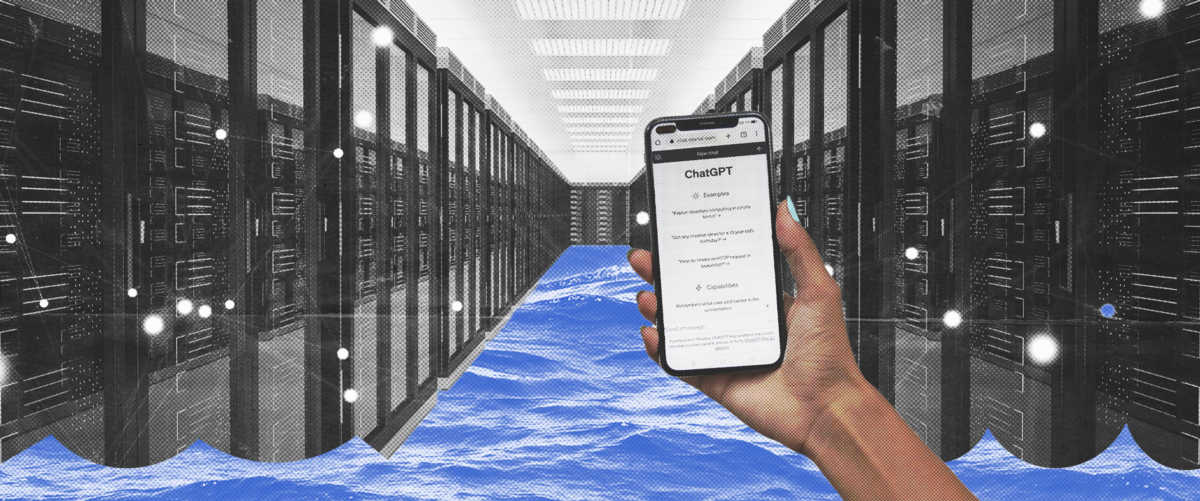 A person holds a phone with ChatGPT on the screen. In the background, rows of data centers (large, shiny black boxes) stand submerged in blue water.