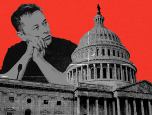 A photo of Elon Musk leaning on the U.S. Capitol building