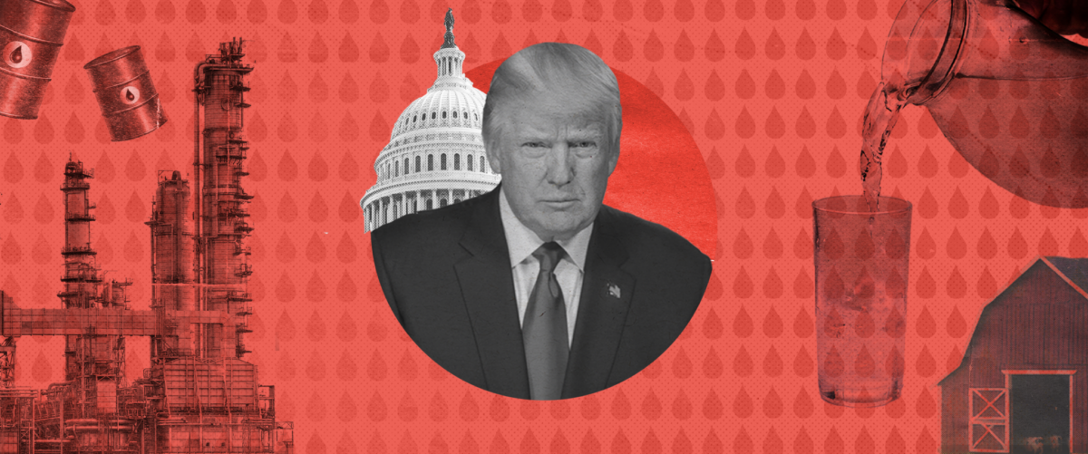 A collage of Trump with the Capitol building, barrels and well pads, a glass of water, and a barn.